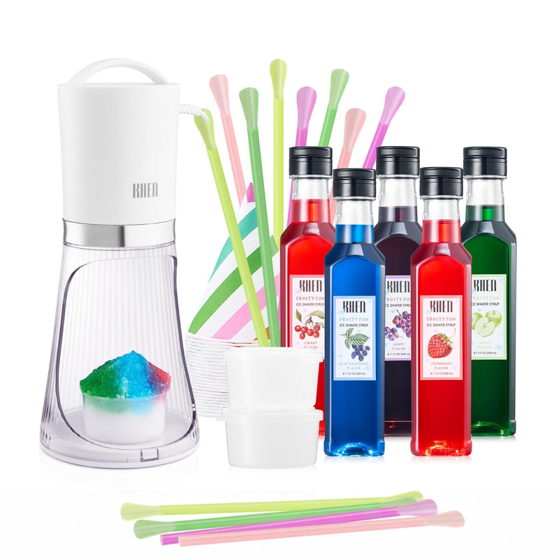 Snow Cone Machine Gift Set – Electric Shaved Ice Maker Kit with 5 Syrup Flavors - Includes Cone Cups, Straws & Ice Molds, Frozen Dessert Kit Maker for Kids & Parties, Birthday, Hawaiin Slushie Machine