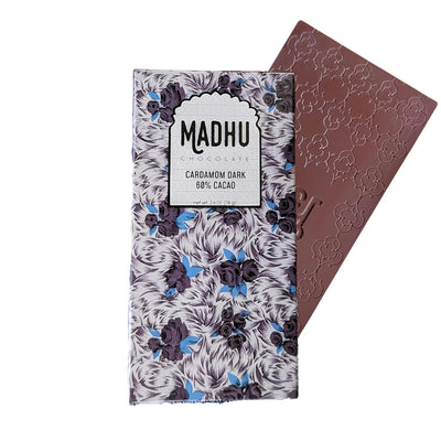 Madhu Chocolate Bar Award Winning Nutritious, Gluten, Soy Free | Handcrafted Indian Inspired Cacao Chocolate Bar Gourmet Dessert Gifts | Artisanal Snacks 2.6oz (Cardamom - 60% Cacao)