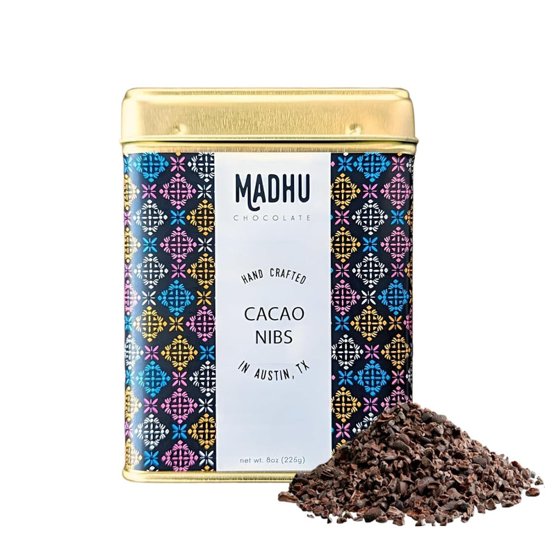 Madhu Chocolate Cacao Nibs Nutritious, Gluten, Soy Free | Gourmet Dessert Gifts Artisanal Chocolate Snacks Gluten Free Baking & Smoothie Topper, Premium Colombia Cacao Nibs 8oz