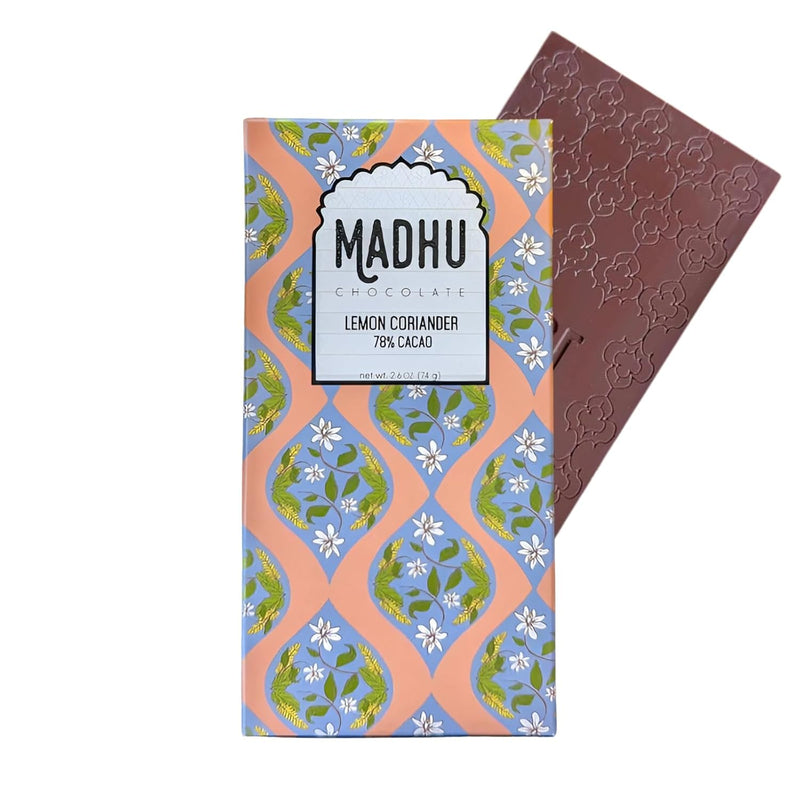 Madhu Chocolate Bar Award Winning Nutritious, Gluten, Soy Free | Handcrafted Indian Inspired Cacao Chocolate Bar Gourmet Dessert Gifts | Artisanal Snacks 2.6oz (Lemon Coriander - 78% Cacao)