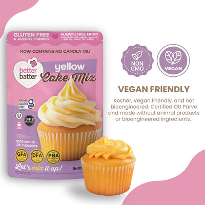 Better Batter Yellow Cake Mix | Certified Kosher, Vegan & Gluten Free Mix for Baking Top 8 Allergen-Free Perfect for Cakes & Cupcakes! Just Add Water, Oil & Eggs Hostess Kitchen Cooking Gifts 1LB Pouch