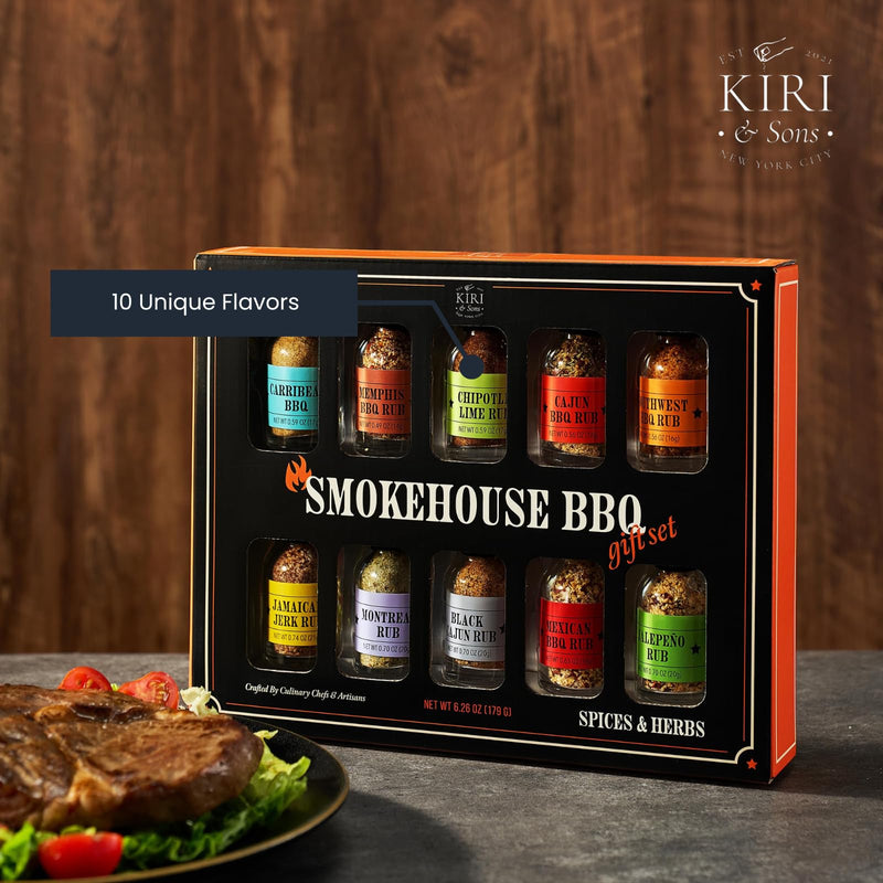 Kiri & Sons Smokehouse BBQ Gourmet Grilling Spice Set | 10-Set | Glass Bottle Seasonings, Grill Seasoning Flavors Include Caribbean, Jamaican Memphis, Jalapeno Rub, Montreal, Cajun Chili Garlic & More