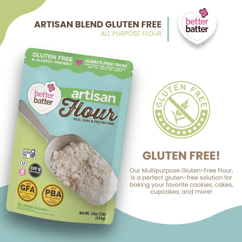 Better Batter Artisan Flour Blend Gluten Free - Award Winning Nutritious, Vegan, Allergen Free, & Kosher - Cup for Cup Alternative All-Purpose Baking, Organic, Non-GMO, 1lbs