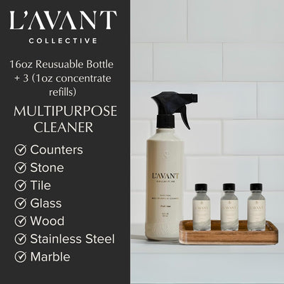 L'AVANT Collective Multipurpose Surface Cleaner Starter Bundle, Fresh Linen - 16 FL oz + 3 (1 FL Oz Refills)