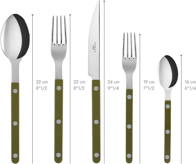 20-Piece Flatware Set for 4 - Bistrot Collection - Knife, Fork, Soup Spoon, Teaspoon & Dessert Fork - Stainless Steel & Nylon - Dishwasher Safe - Green Fern - Shiny Finish