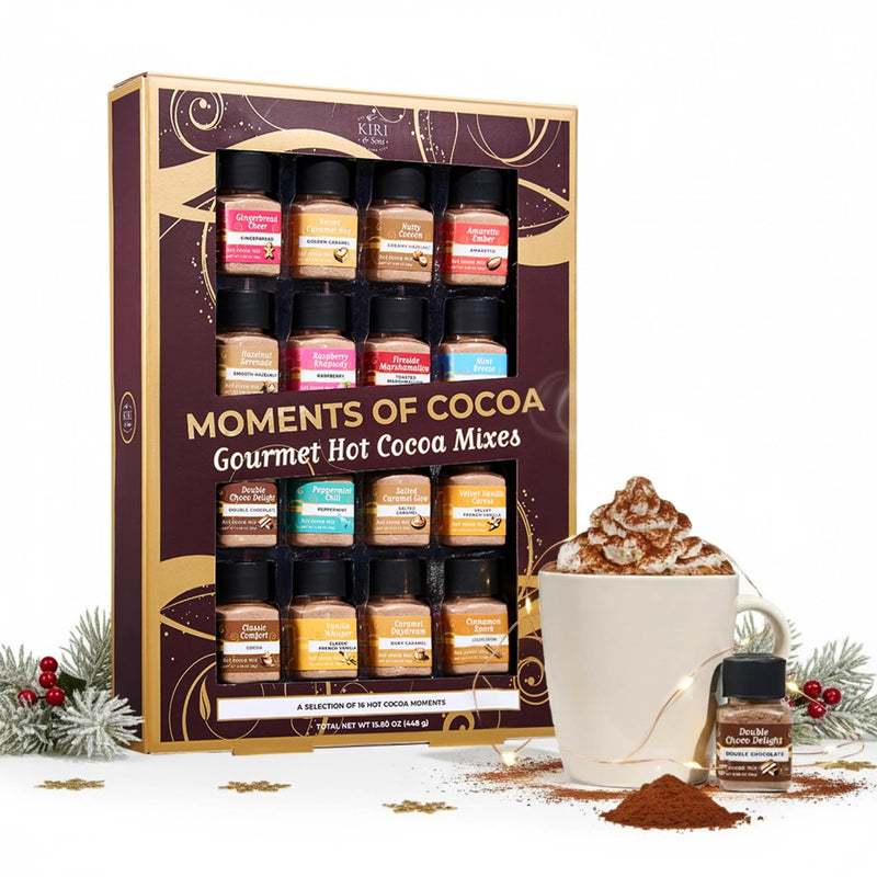 Hot Chocolate Mix Gift Set – 16 Mini Bottle Cocoa Sampler with Assorted Gourmet Flavors Including Caramel, Vanilla, Double Cocoa, Peppermint Swirl, Toasted Marshmallow & More, Winter Beverage Gift Box