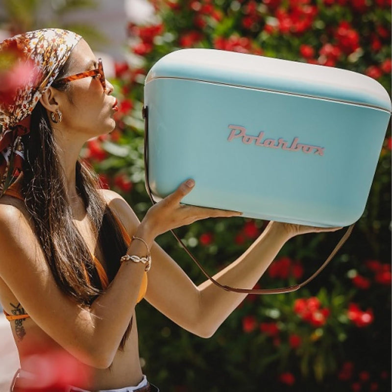 Polarbox Cooler Retro Beach Cooler Vintage Picnic Lunch Box Bag Portable Cooler Travel Camping Hiking 90s Style Ice Chest Extra Large Lightweight for Cans Beers & Seltzer Drinks 20L (Cyan Baby Rose)