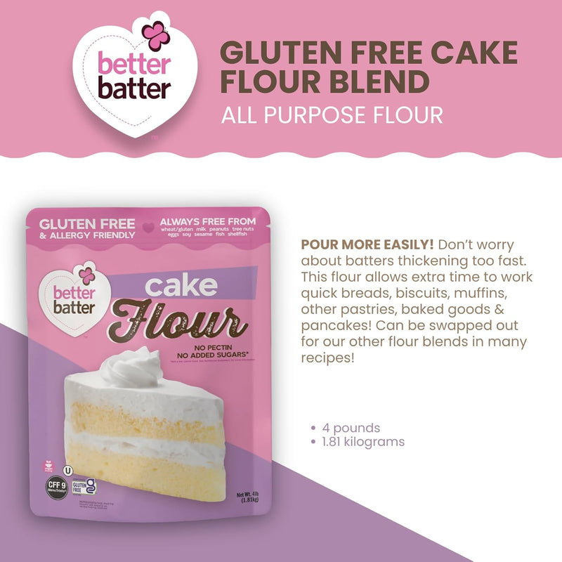 Better Batter Cake Flour - Award Winning Nutritious, Vegan, Allergen Free, Certified Gluten-Free, Low Carb, & Kosher - Cup for Cup Alternative All-Purpose Baking, Certified Organic, Non-GMO, 4 lb