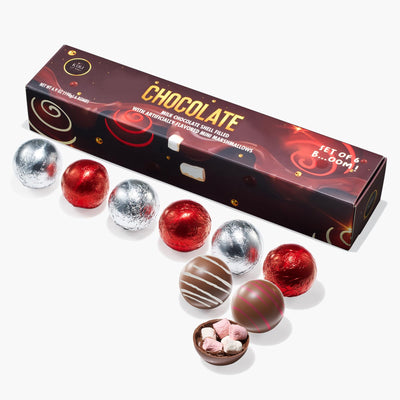 Hot Chocolate Bom Marshmallow Balls - Set of 6-2 Flavors White & Red Swirl Design Caramel & Fudge Brownie Candy Chocolates - Delicious Cocoa Melts Filled Marshmallows - Gift Melting Delicious Gifts