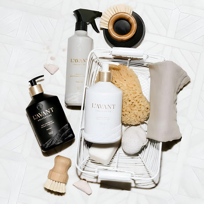 L'AVANT Collective Luxury Home Essentials Bundle | High Performing Dish Soap, Hand Soap, Multipurpose Cleaner Spray, Scrub Brush, Lucite Tray | Luxurious Ingredients Reusable Bottles (Fresh Linen)