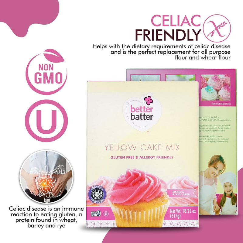 Better Batter Yellow Cake Mix | Certified Kosher, Vegan & Gluten Free Mix for Baking Top 8 Allergen-Free Perfect for Cakes & Cupcakes! Add Water, Oil & Eggs Hostess Kitchen Cooking Gifts 18.25oz Pouch