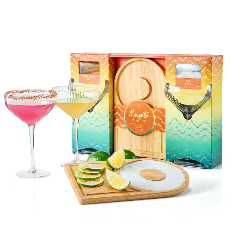 2-Pack Premium Margarita & Cocktail Flavored Salt Rimmers + Glasses & Wooden Rimmer Board, Variety Set 3.5oz - Chili & Original Drop Sugar, Salets, No Silicon Dioxide, Kiri & Sons