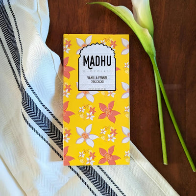 Madhu Chocolate Bar Award Winning Nutritious, Gluten, Soy Free | Handcrafted Indian Inspired Cacao Chocolate Bar Gourmet Dessert Gifts | Artisanal Snacks 2.6oz (Vanilla Fennel - 76% Cacao)