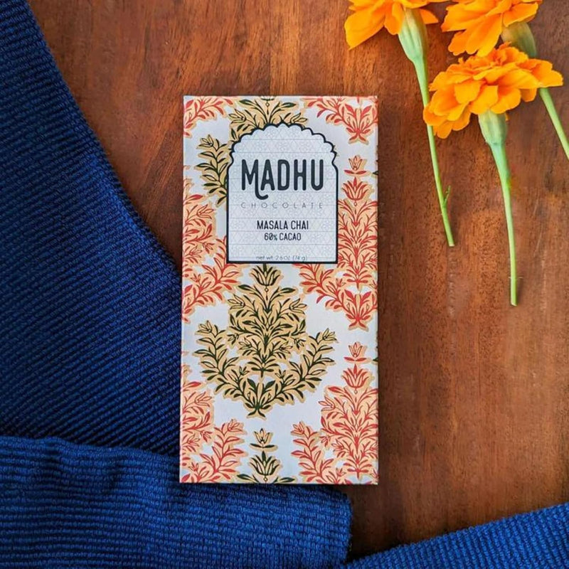 Madhu Chocolate Bar Award Winning Nutritious, Gluten, Soy Free | Handcrafted Indian Inspired Cacao Chocolate Bar Gourmet Dessert Gifts | Artisanal Snacks 2.6oz (Masala Chai - 60% Cacao)