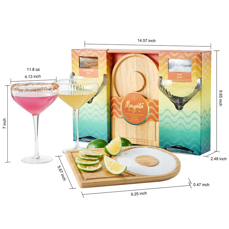 2-Pack Premium Margarita & Cocktail Flavored Salt Rimmers + Glasses & Wooden Rimmer Board, Variety Set 3.5oz - Chili & Original Drop Sugar, Salets, No Silicon Dioxide, Kiri & Sons