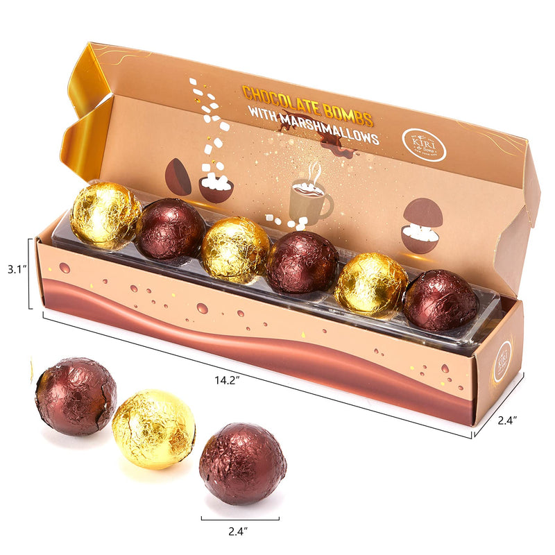 Hot Chocolate Boms Marshmallow Balls - Set of 6 - Delicious Cocoa Melts Bom Filled Marshmallows - 2 Flavors Caramel & Fudge Brownie Candy - Classic Milk Chocolates Cocoa Melt Gift - Delicious Gifts