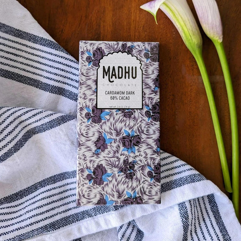 Madhu Chocolate Bar Award Winning Nutritious, Gluten, Soy Free | Handcrafted Indian Inspired Cacao Chocolate Bar Gourmet Dessert Gifts | Artisanal Snacks 2.6oz (Cardamom - 60% Cacao)