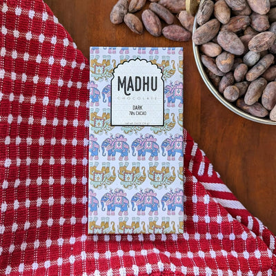 Madhu Chocolate Bar Award Winning Nutritious, Gluten, Soy Free | Handcrafted Indian Inspired Cacao Chocolate Bar Gourmet Dessert Gifts | Artisanal Snacks 2.6oz (Pure Dark - 70% Cacao)