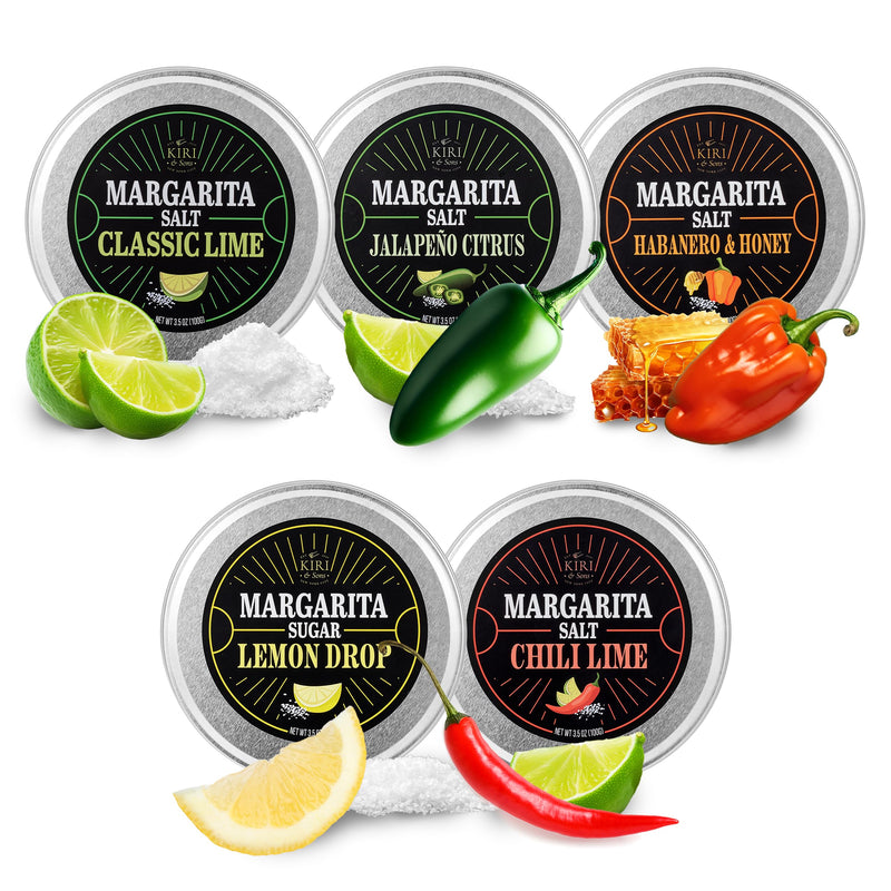 5-Pack Premium Margarita & Cocktail Flavored Salt Rimmer, Variety Set 3.5oz - Chili Lime, Lemon Drop Sugar, Lime, Habanero & Honey, Jalapeno Citrus - No Silicon Dioxide, Easy Screw-On Lid, Kiri & Sons