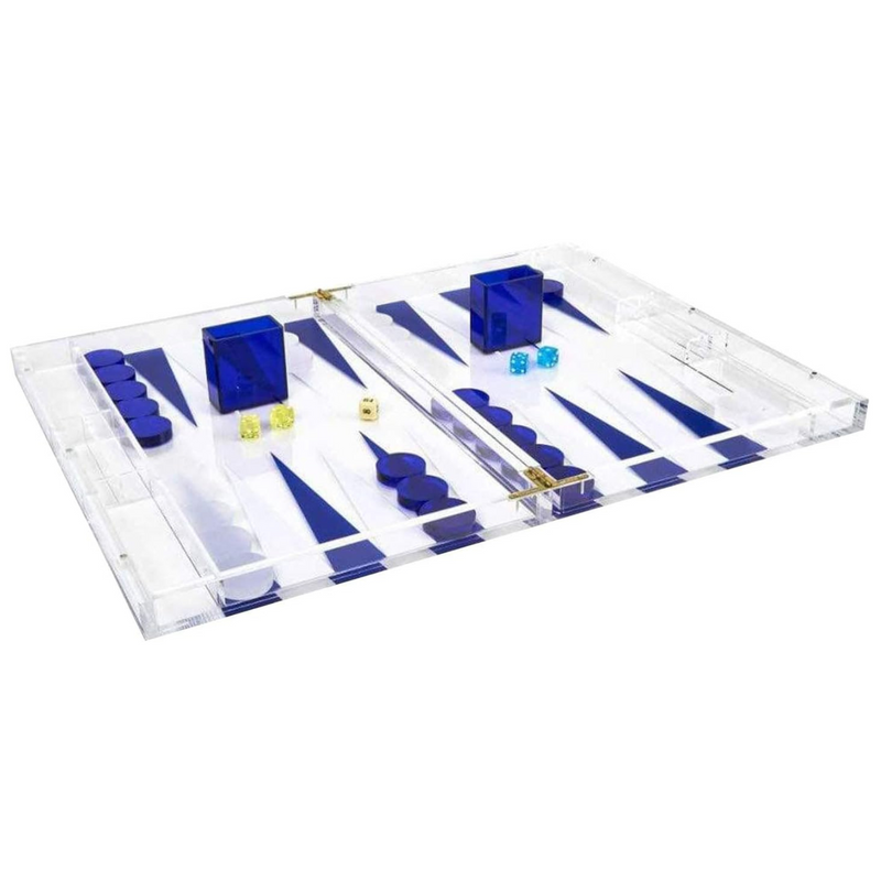 TIZO Elegant 18” Lucite Backgammon Set, Lucite Chips & Cups with Magnetic Closure, Elegant & Practical Boutique Quality Home Décor, Clear, Blue & White