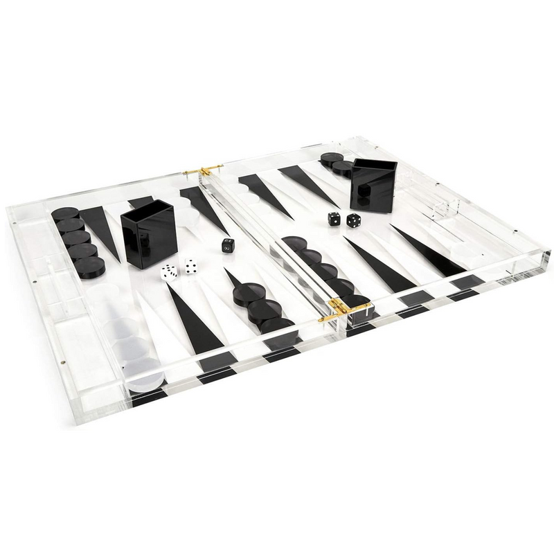 TIZO Elegant 18” Lucite Backgammon Set, Lucite Chips & Cups with Magnetic Closure, Elegant & Practical Boutique Quality Home Décor, Clear, Black & White