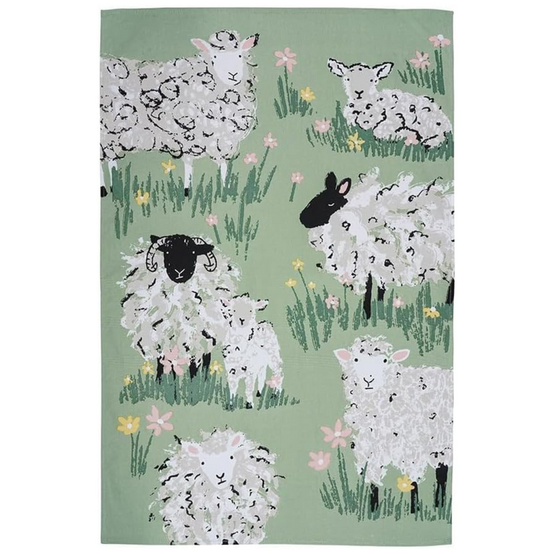 Ulster Weavers Tea Towel Cotton, Durable & Machine Washable, Eco-Friendly Design, Ideal Size, Animal Theme, Woolly Sheep, Green