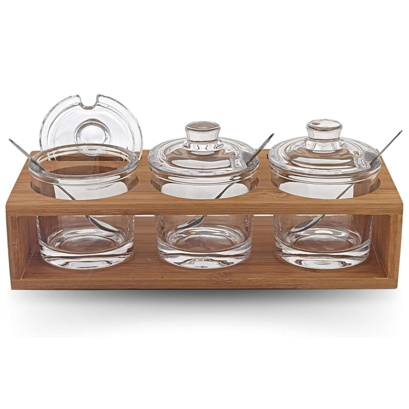 Badash Crystal Glass Jar Set - 10-Piece Glass Jars with Lids, Spoons, and Wood Stand for Jam, Honey, Spice, or Condiments - Ideal for Salad Dressing & Sauce