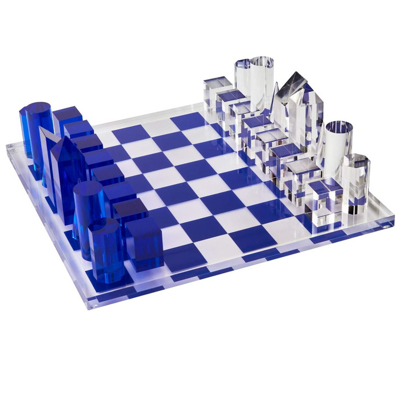 Tizo Design Elegant 13” Lucite Chess Set, Designer Lucite & Acrylic Pieces, Modern & Trendy, Multiple Options Available (Clear & Blue)