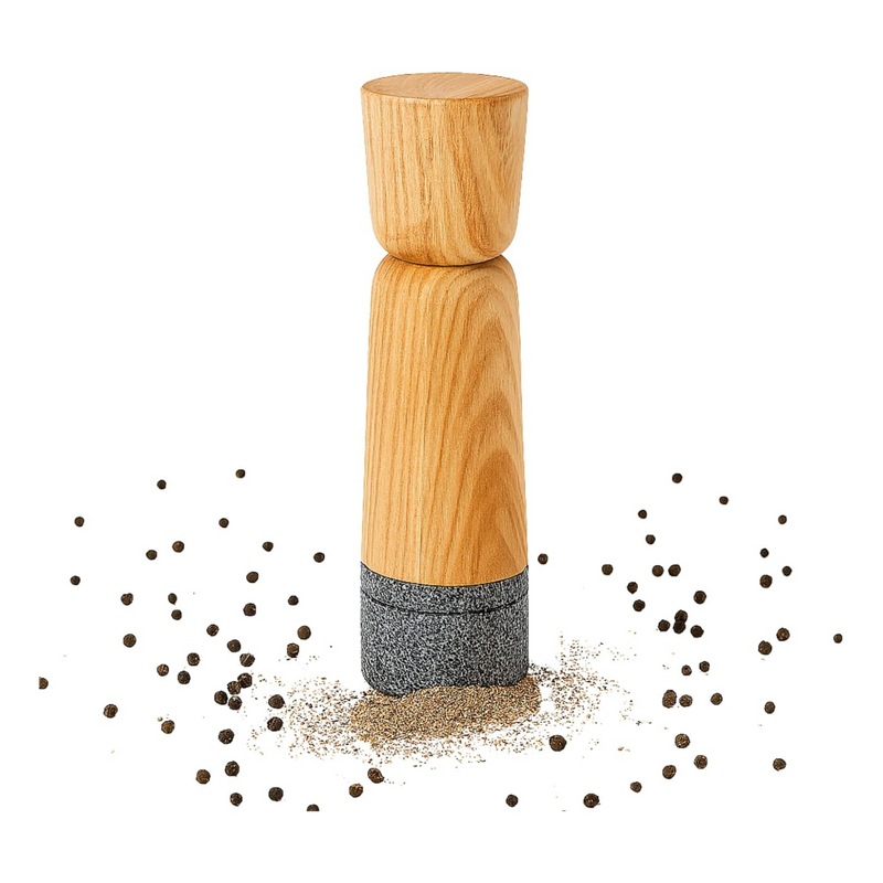 Holcomb Stone Pepper Mill Modern Ash Wood & Granite Grinder with Adjustable Coarseness Scandinavian Style Rustic Manual Mill for Salt, Pepper, Spices Kitchen Decor, Cooking Gifts, Chef Essentials 8.4"