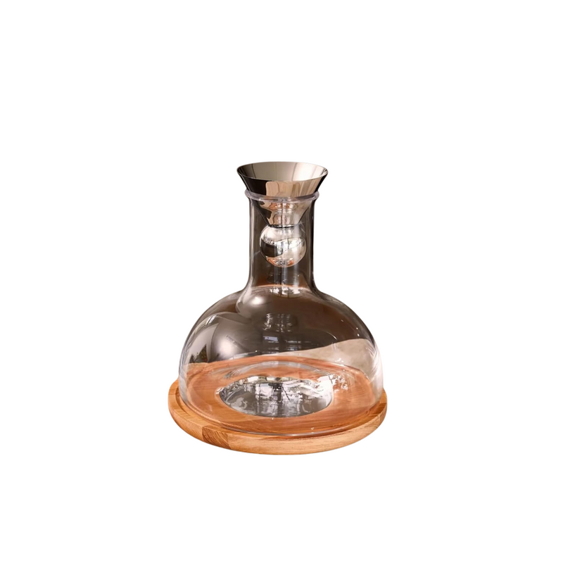 Holcomb Studio Birdie Wine Decanter 69.3oz | Hand-Blown Glass Carafe Pitcher with Aerating Sphere, Ash Wood Trivet & Metal Coaster | Elegant Wine Server for Enhancing Aroma & Flavor Wine Gifts 8.1"H