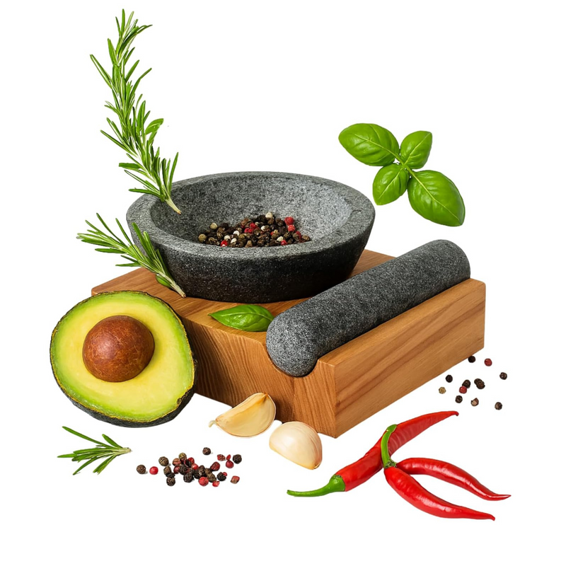 Holcomb Perch Mortar & Pestle Heavy Granite Stone Grinder with Angled Ash Wood Base Handcrafted Modern Spice Crusher for Pesto, Herbs, Curry – Luxury Guacamole Bowl & Masher Home Kitchen Essentials
