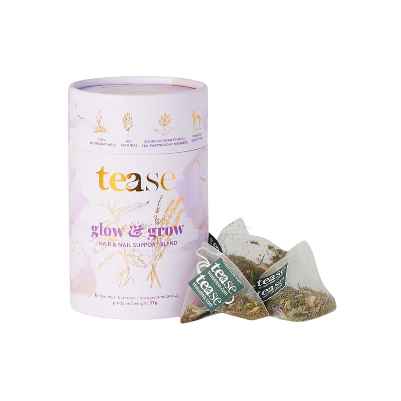 Tease Tea Organic Tea Gift Set | 15 Piece Botanical Pyramid Tea Bag Infuser Sachets Loose Leaf Hair & Nail Support Blend with Nettle, Rooibos, Spearmint, Lavender Caffeine Free 37g (Glow & Grow)