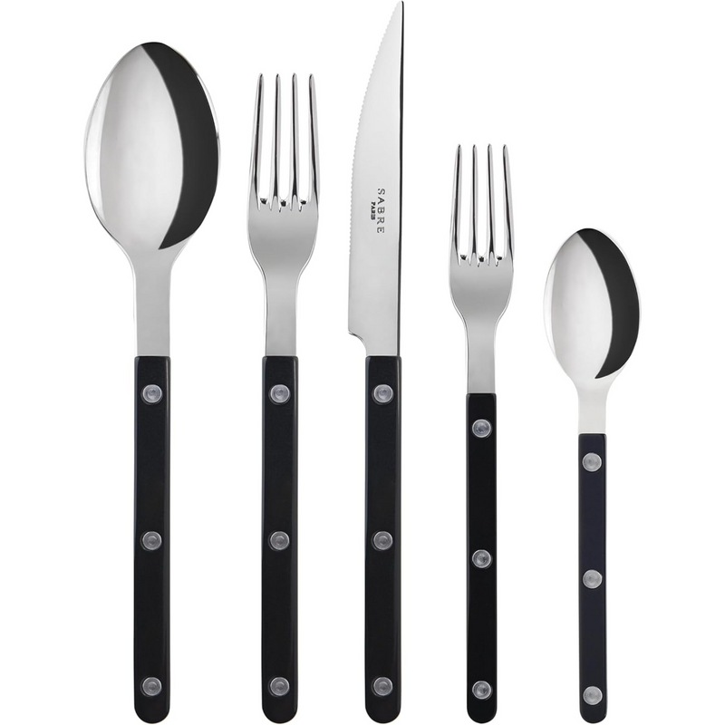 5-Piece Flatware Set - Bistrot Collection - Knife, Fork, Soup Spoon, Teaspoon & Dessert Fork - Stainless Steel & Nylon - Dishwasher Safe - Black - Brilliant Finish