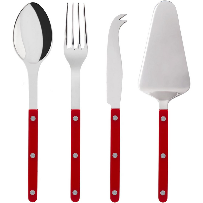 4-Piece Serving Set - Bistrot Collection - 2 Serving Flatware, Serrated Pie Server, Large Cheese Knife - Stainless Steel & Nylon - Dishwasher Safe - Burgundy - Brilliant Finish