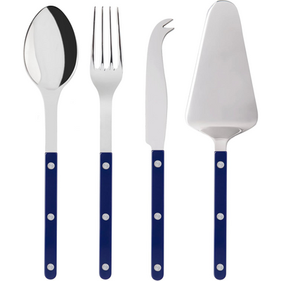 4-Piece Serving Set - Bistrot Collection - 2 Serving Flatware, Serrated Pie Server, Large Cheese Knife - Stainless Steel & Nylon - Dishwasher Safe - Navy Blue - Brilliant Finish