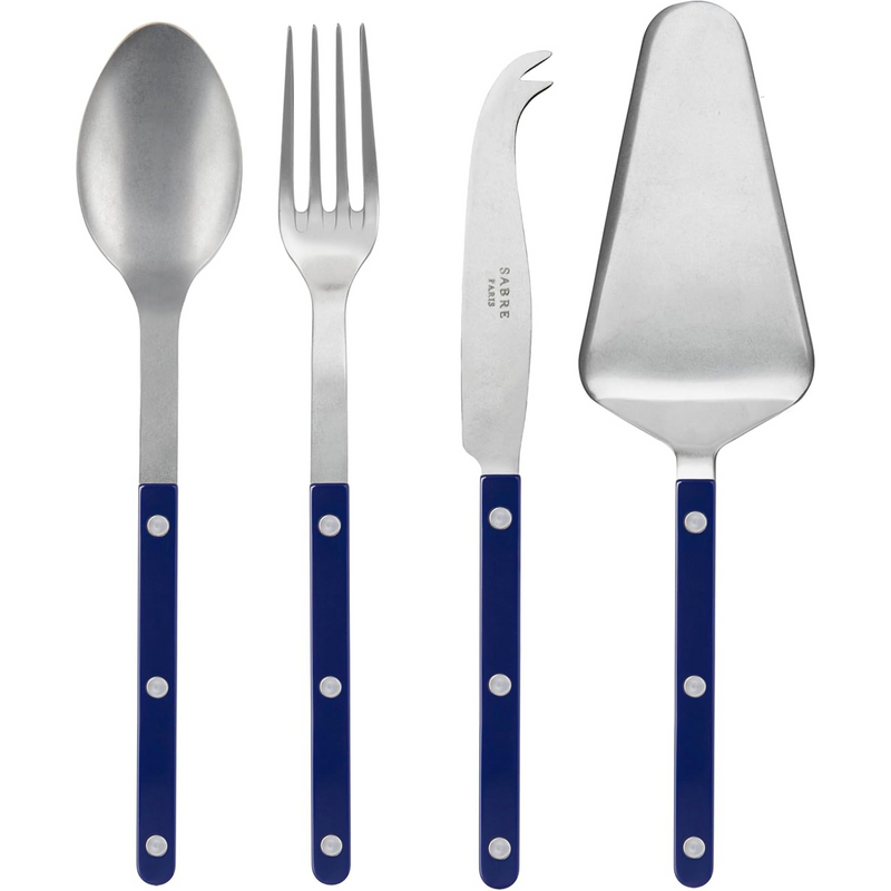 4-Piece Serving Set - Bistrot Vintage Collection - 2 Serving Flatware, Serrated Pie Server, Large Cheese Knife - Stainless Steel & Nylon - Dishwasher Safe - Navy Blue - Mat Finish