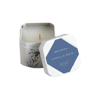 Rosy Rings Vanilla Rain Travel Tin Candle | Aromatherapy Long Lasting Luxury Home Decor Fragrance Gifts Notes of Cashmere Vanilla Jasmine Lily Sandalwood Apple 18 Hr Burn Time 2" H (Travel Tin)