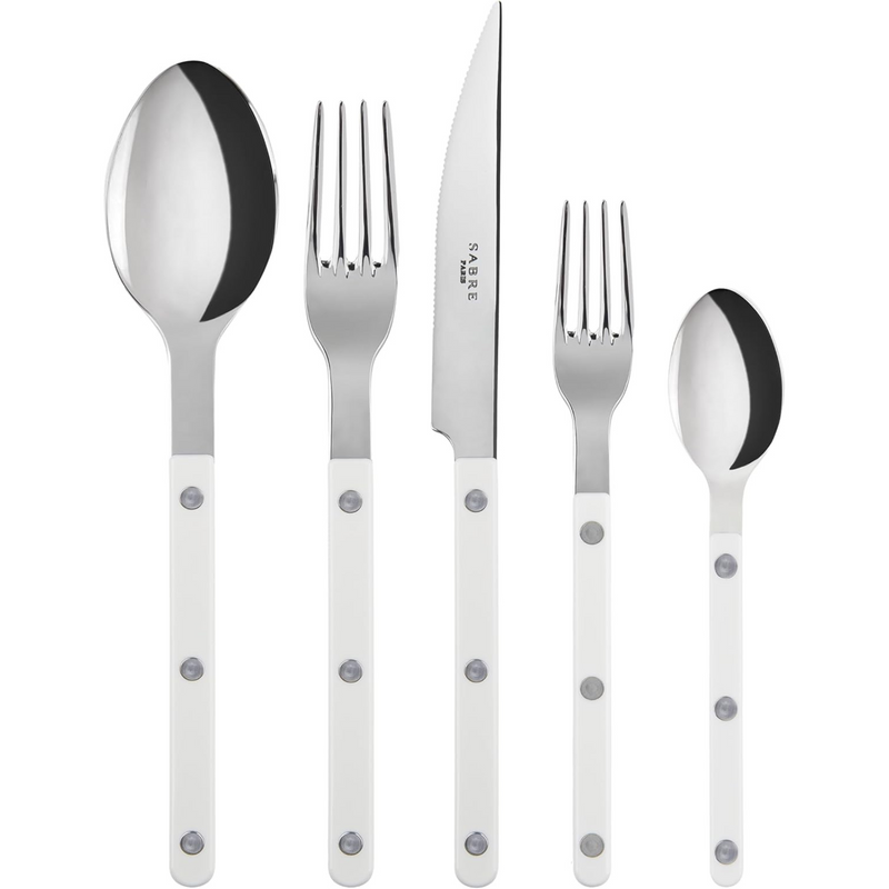 5-Piece Flatware Set - Bistrot Collection - Knife, Fork, Soup Spoon, Teaspoon & Dessert Fork - Stainless Steel & Nylon - Dishwasher Safe - White - Brilliant Finish