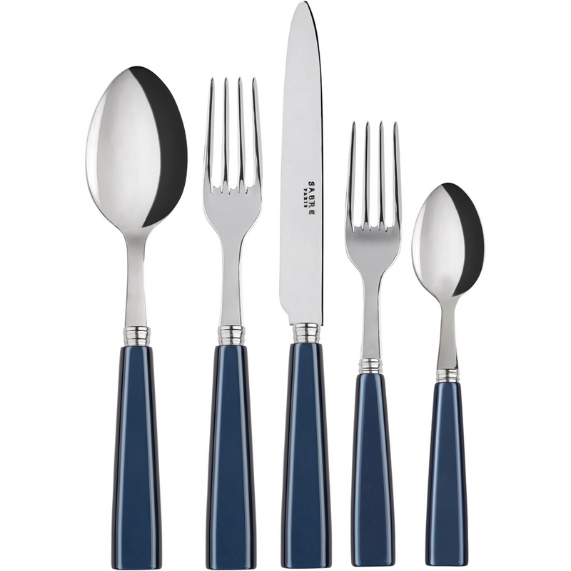 5-Piece Flatware Set - Icône Collection - Knife, Fork, Soup Spoon, Teaspoon & Dessert Fork - Stainless Steel & Acrylic - Dishwasher Safe - Midnight Blue