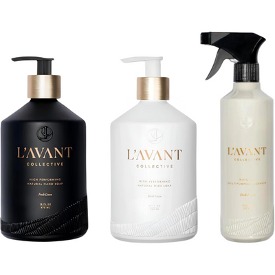 L'AVANT Collective Hand Soap, Dish Soap & Multipurpose Surface Cleaner Bundle Fresh Linen | High Performing Formula Luxurious Ingredients Soft Smooth Hands & Dishes | Kitchen Home Decor Hostess Gifts