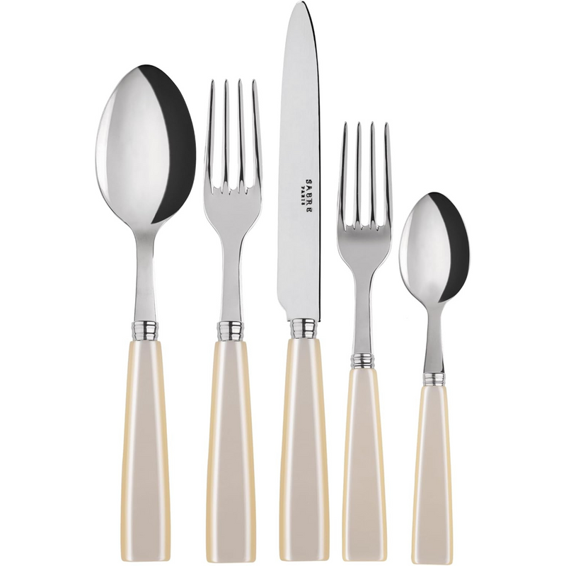 5-Piece Flatware Set - Icône Collection - Knife, Fork, Soup Spoon, Teaspoon & Dessert Fork - Stainless Steel & Acrylic - Dishwasher Safe - Pearly White