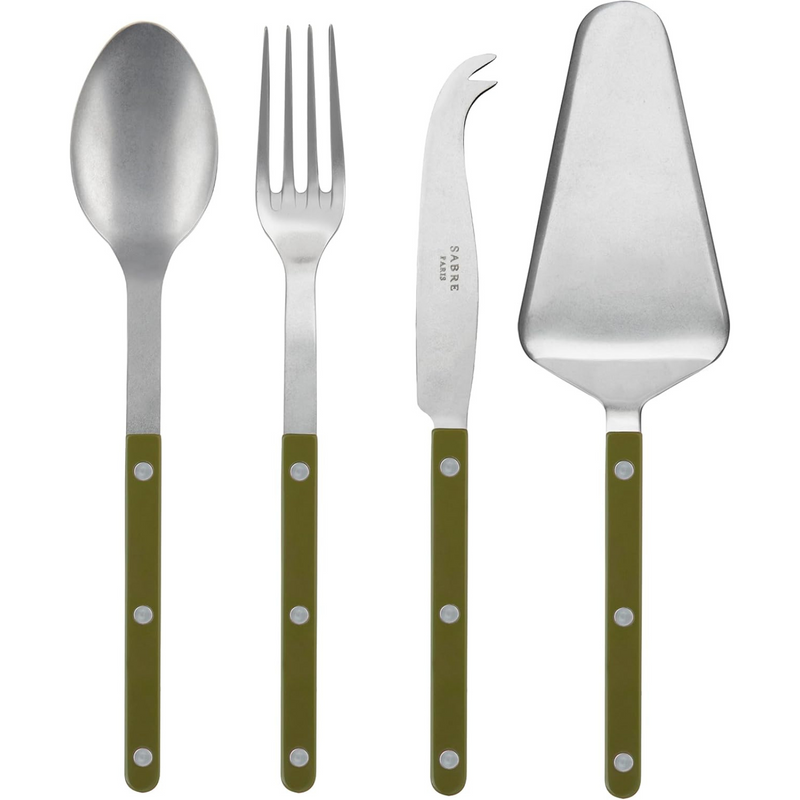 4-Piece Serving Set - Bistrot Vintage Collection - 2 Serving Flatware, Serrated Pie Server, Large Cheese Knife - Stainless Steel & Nylon - Dishwasher Safe - Fern Green - Mat Finish