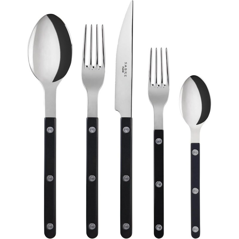 20-Piece Flatware Set for 4 - Bistrot Collection - Knife, Fork, Soup Spoon, Teaspoon & Dessert Fork - Stainless Steel & Nylon - Dishwasher Safe - Black - Shiny Finish