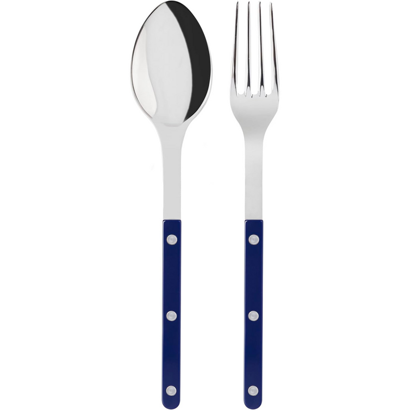 2-Piece Serving Set - Bistrot Collection - Large Fork & Large Spoon - Stainless Steel & Nylon - Dishwasher Safe - Navy Blue - Brilliant Finish