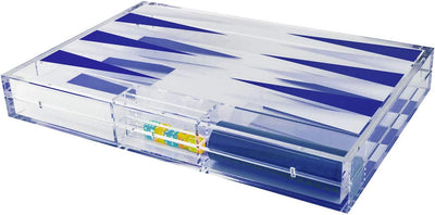 TIZO Elegant 18” Lucite Backgammon Set, Lucite Chips & Cups with Magnetic Closure, Elegant & Practical Boutique Quality Home Décor, Clear, Blue & White