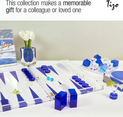 TIZO Elegant 18” Lucite Backgammon Set, Lucite Chips & Cups with Magnetic Closure, Elegant & Practical Boutique Quality Home Décor, Clear, Blue & White