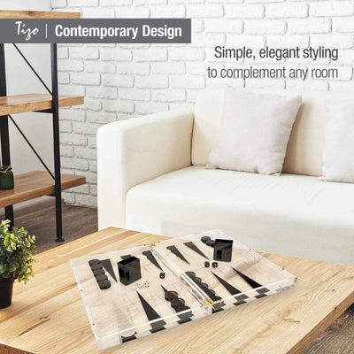 TIZO Elegant 18” Black Lucite Backgammon Set, Lucite Chips & Cups with Magnetic Closure, Elegant & Practical Boutique Quality Home Décor