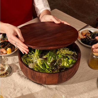 Holcomb Studio Dot Salad Bowl | Large Walnut Wood Serving Bowl with Matching Lid for Storage & Transport | Sloped Sides for Easy Serving | Modern Entertaining & Hostess Gift Dinner Table Home Decor