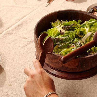 Holcomb Studio Dot Salad Bowl | Large Walnut Wood Serving Bowl with Matching Lid for Storage & Transport | Sloped Sides for Easy Serving | Modern Entertaining & Hostess Gift Dinner Table Home Decor