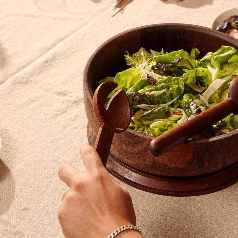 Holcomb Studio Dot Salad Bowl | Large Walnut Wood Serving Bowl with Matching Lid for Storage & Transport | Sloped Sides for Easy Serving | Modern Entertaining & Hostess Gift Dinner Table Home Decor